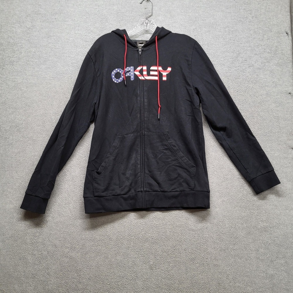 Oakley Men Hoodie S Black USA Flag Activewear Logo Zipper Drawstring Long